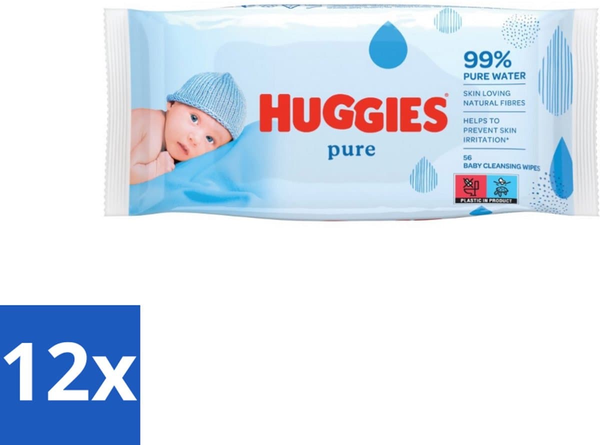 12 x Huggies - Billendoekjes - Pure - Tegen Huidirritaties - 56 Babydoekjes - Babydoekjes - Billendoekjes - Zachte Babydoekjes - Hypoallergene Babydoekjes - Babyhuid