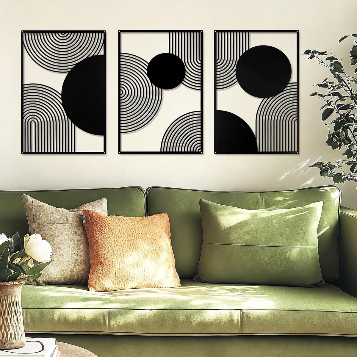 3 Stuks Zwarte Metalen Wanddecoratie - Moderne Geometrische Wandkunst voor Slaapkamer, Woonkamer en Badkamer