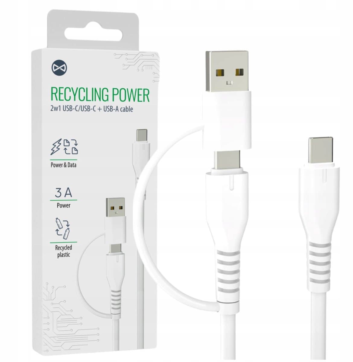 Forever Recycling 2-in-1 USB-C/USB-A-kabel 1,5 m 3A ECO snel opladen