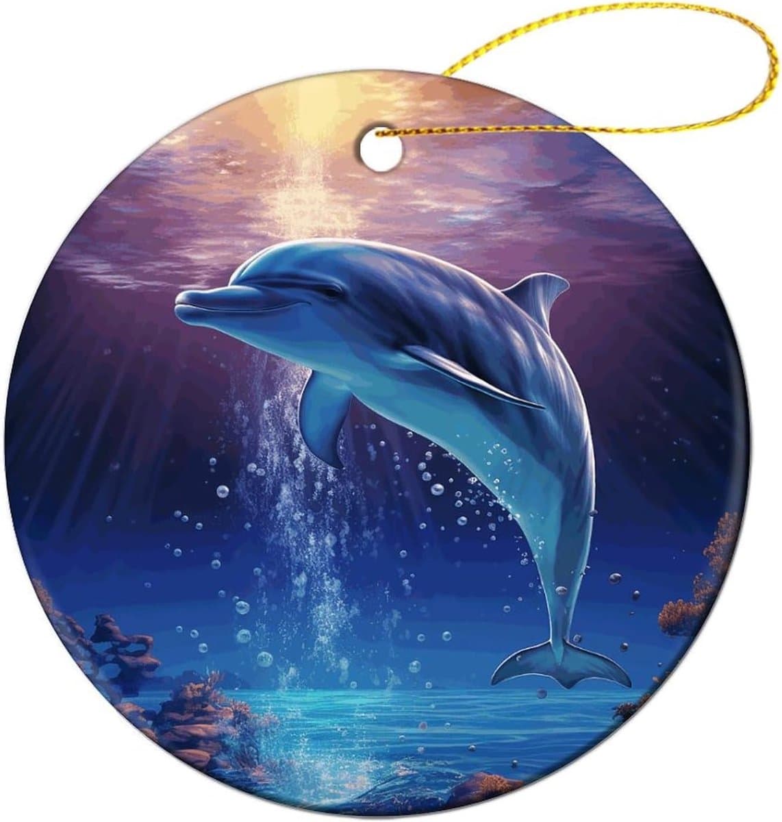 Keramische Hangdecoratie - Dolfijn Ornament - Kerstboom Versieren - Dubbelzijdig Bedrukt - 7.2 cm Diameter - Blauw