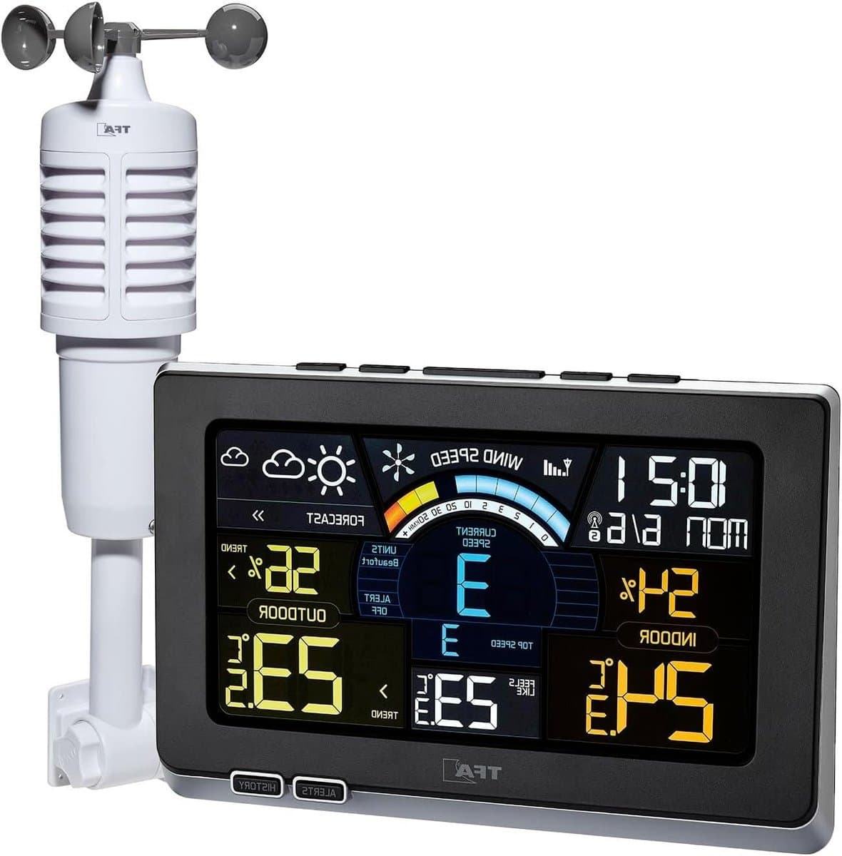 Draadloos Weerstation - Weercomputer Buiten - Weer Monitoren - Kleurendisplay met Windmeter - 208x26x140mm - Wit