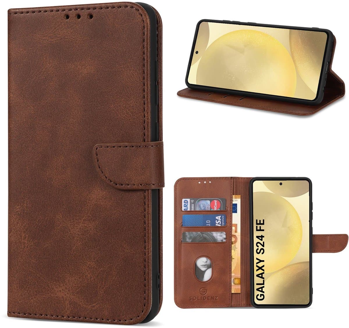 Solidenz Bookcase geschikt voor Samsung Galaxy S24 FE hoesje - S24 FE Telefoonhoesje met Pasjeshouder - Bruin