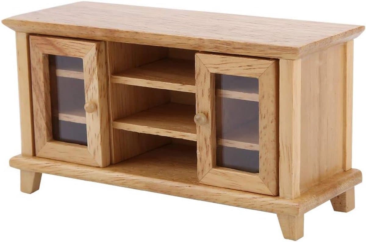 Miniatuur TV Kast - Poppenhuis Meubel - Poppenhuis Decoratie - Deuren Openen - 12 cm Lengte - Houtkleur