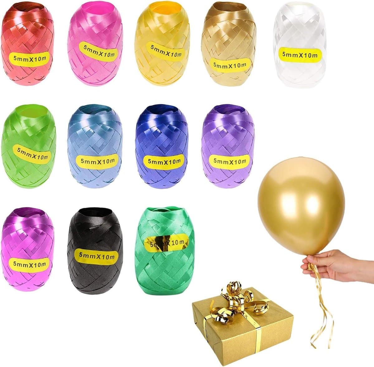 Krullint Rol - Cadeaulint Decoratie - Feestelijke Versiering - 12 Rollen Set - 5 mm x 10 m - Gekleurd