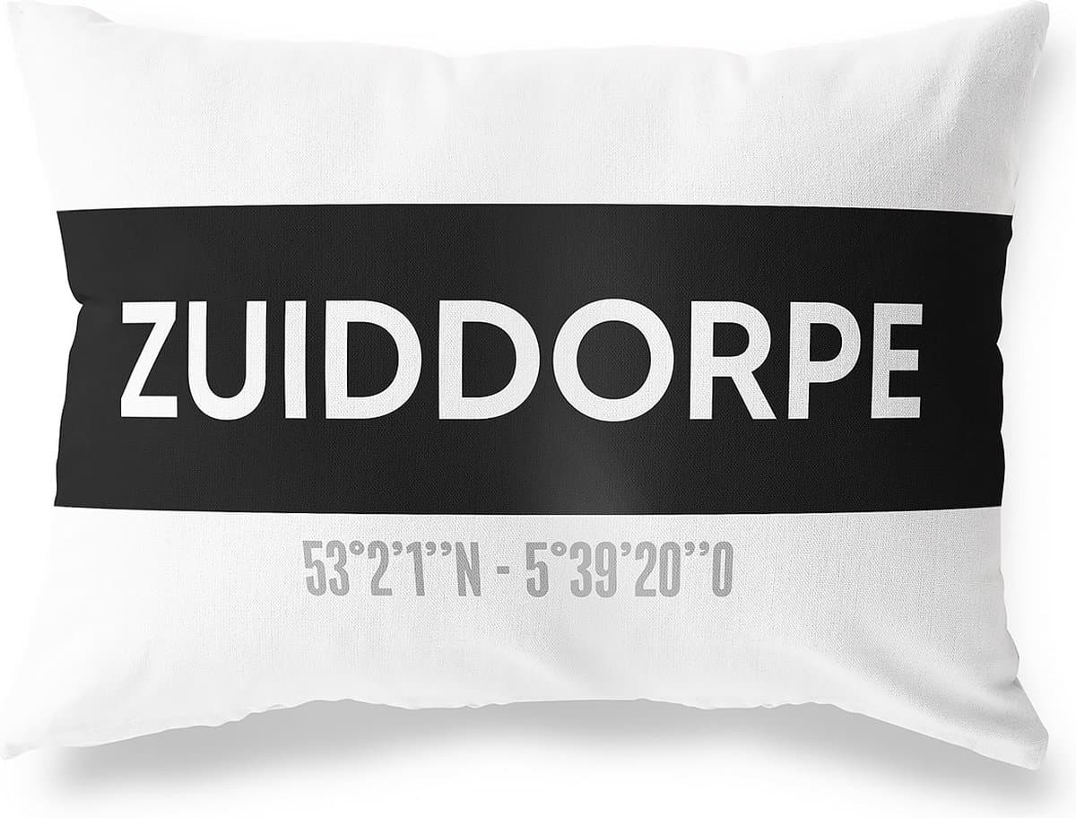 Tuinkussen ZUIDDORPE - ZEELAND met coördinaten - Buitenkussen - Bootkussen - Weerbestendig - Jouw Plaats - Studio216 - Modern - Zwart-Wit - 50x30cm