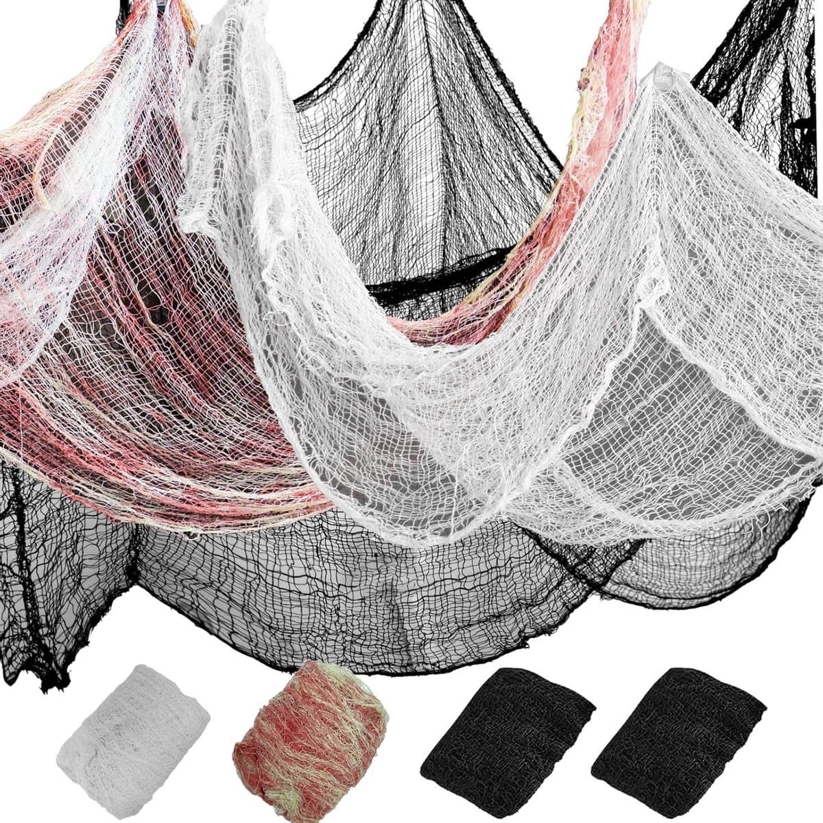 Creepy Halloween Spooky Mesh Doeken in Zwart, Wit en Bloedrood - Decoratie voor Tuin, Trap en Venster - 4 Stuks van 72 x 30 Inch