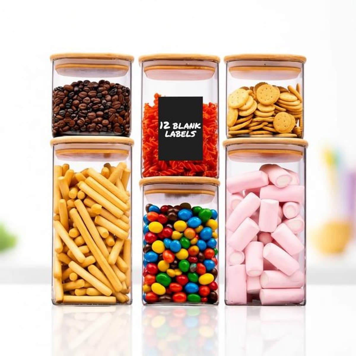 ElleMooi 6-delig set glazen voorraadpotten met bamboe deksel - luchtdicht - vaatwasserbestendig - incl. etiketten en krijtstift - voor muesli, pasta, meel & meer