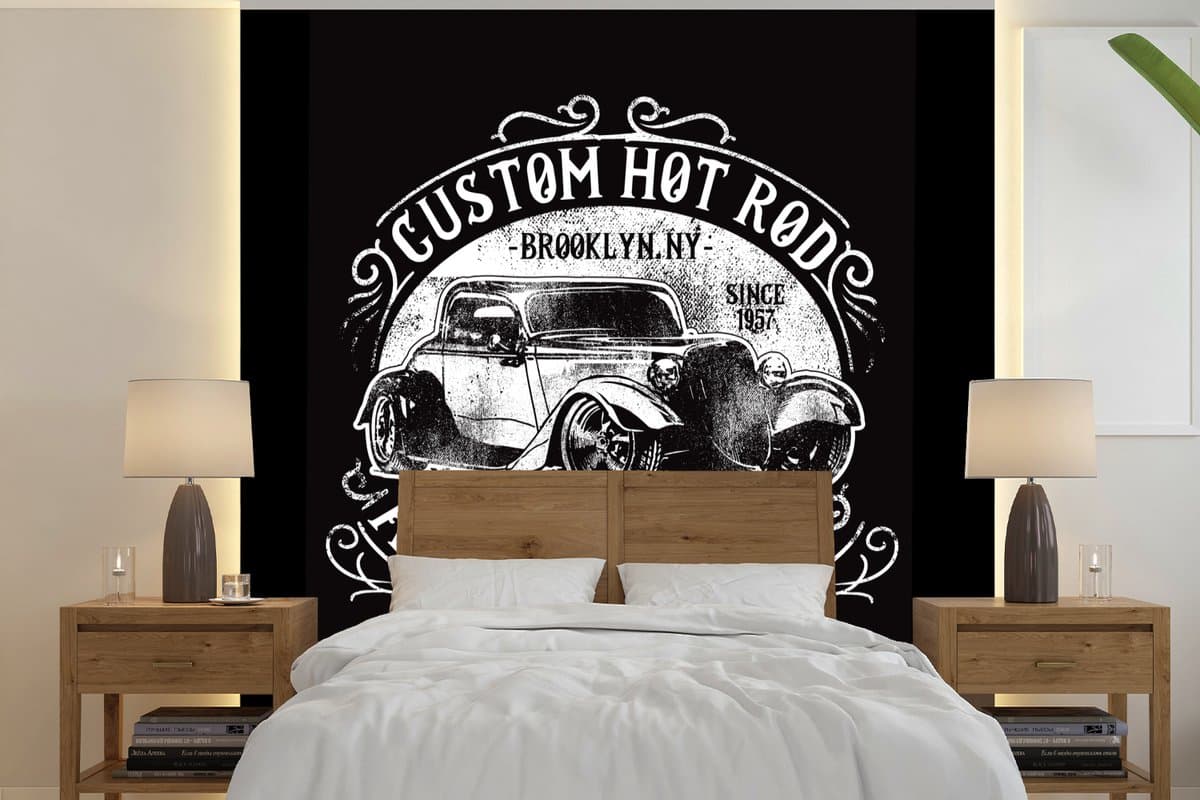 Behang - Fotobehang Mancave - Auto - Retro - Zwart - Wit - Breedte 220 cm x hoogte 220 cm