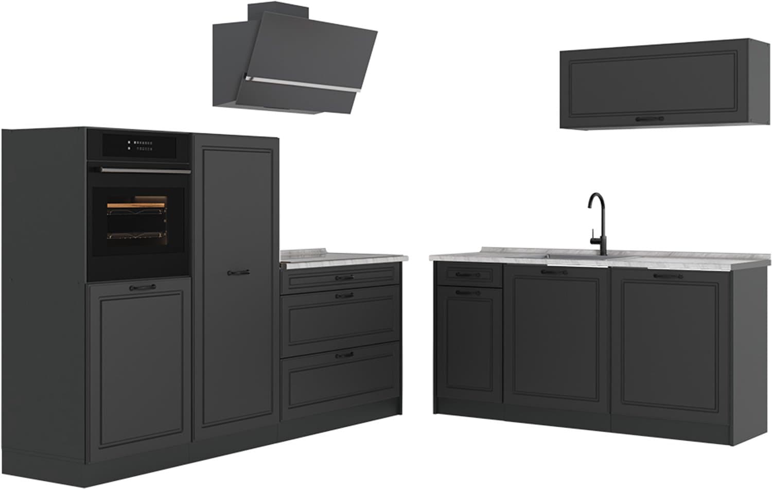 Vicco Complete keukeneenheid R-Line, Antraciet landelijk/Antraciet, 220 cm marmer werkblad