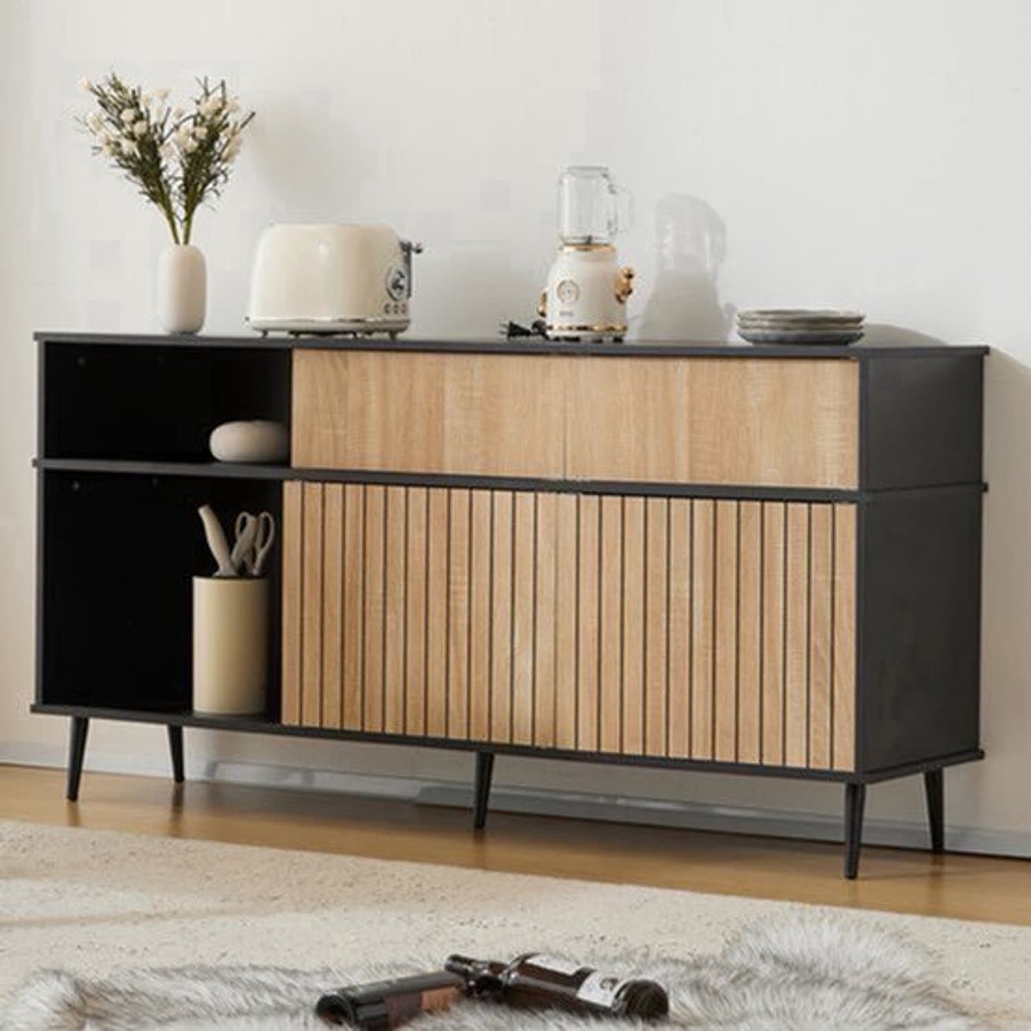 Babykamer Commode - Black Natural - 160 cm Breedte - 80 cm Hoogte - Hout - Moderne Opbergkast