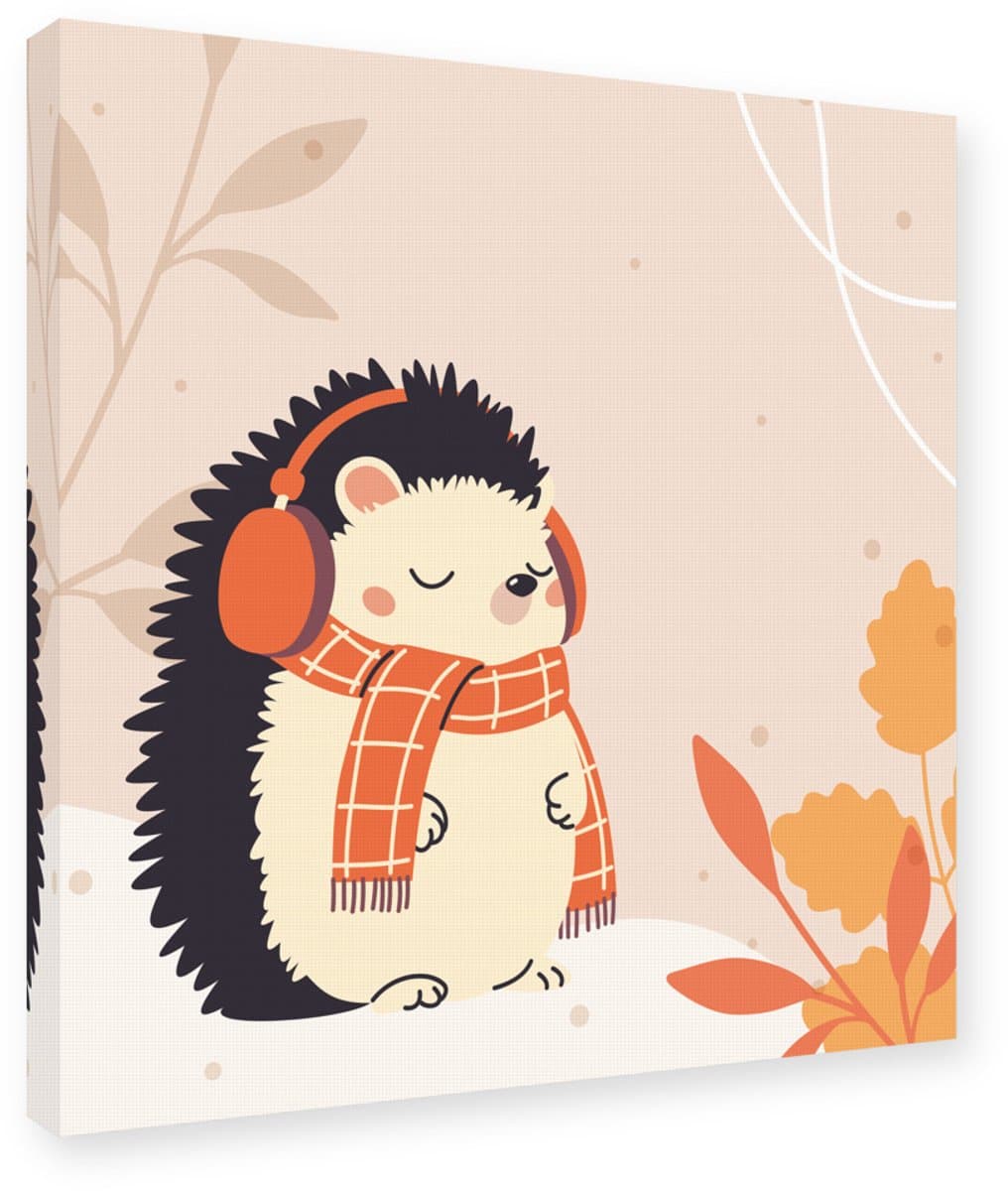 Schilderij Herfst Egel met Sjaal en Koptelefoon - Canvas op Frame 60x60 cm - Wanddecoratie Kinderkamer Woonkamer - Kunstdruk Ingelijst, Herfst Egel
