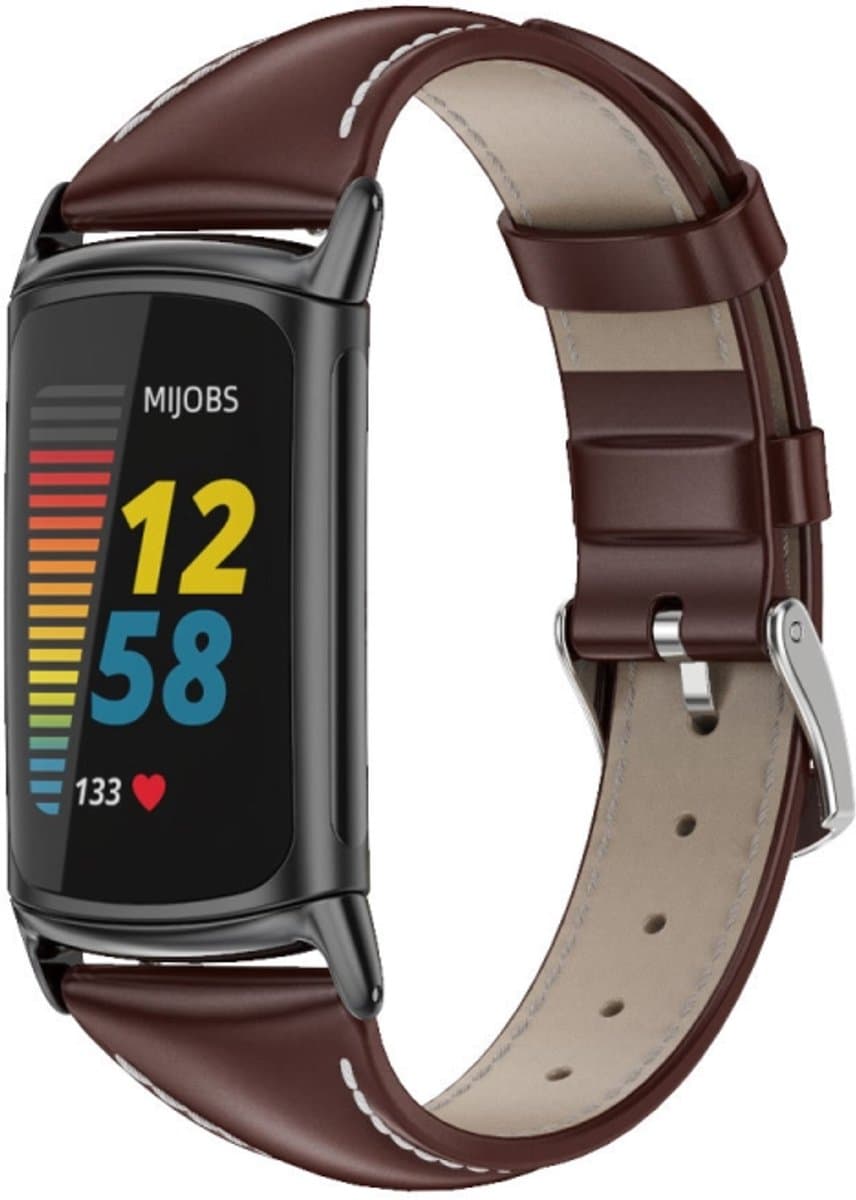 Voor FitBit Charge5 Mijobs echte lederen slanke horlogeband (Coffee+Black)