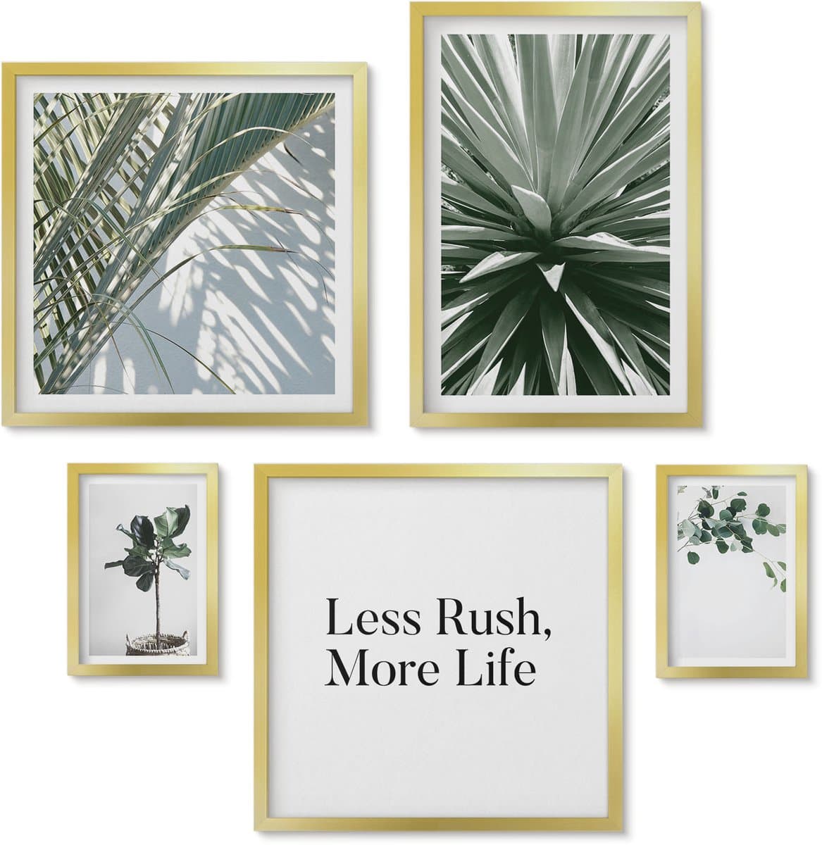 Wallfluent 5-Delige Schilderij Set - Groene bladplanten in een moderne decoratieve stijl. - 50 x 50 cm, 20 x 30 cm en 40 x 60 cm - Muurdecoratie - Decoratieve Schilderijen - Wohnzimmer - Interieur Decoratie