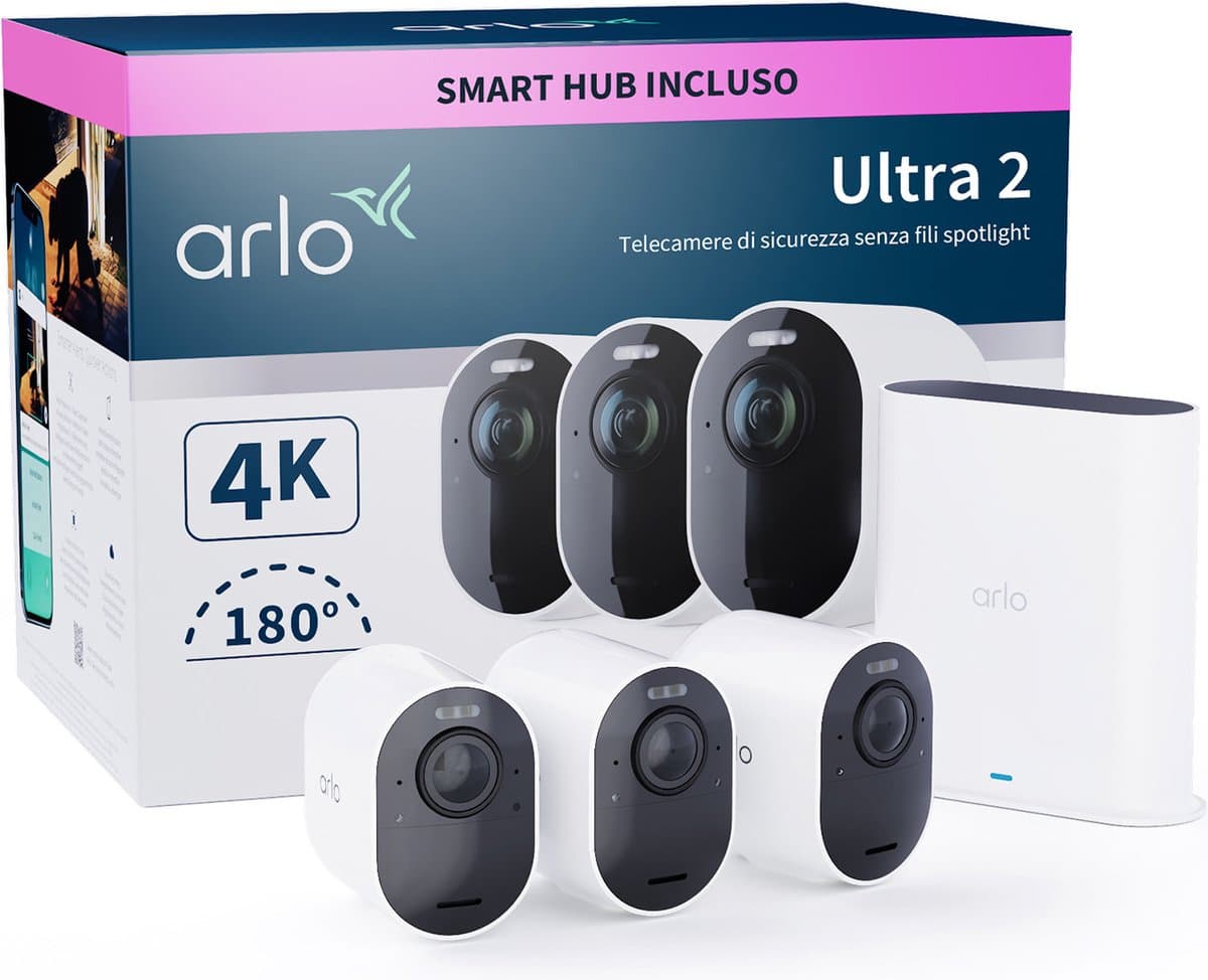 Arlo Ultra 2 draadloze WiFi-beveiligingscamera voor buiten, 4K UHD, 180˚ kleurennachtzicht, sirene & spotlight, bewegingsdetectie, 2-weg-audio, 6 mnd batterij, lokale opslag (SD-kaart), incl. proefp. Arlo Secure, 3 IP-Camera's + Smart Hub, wit