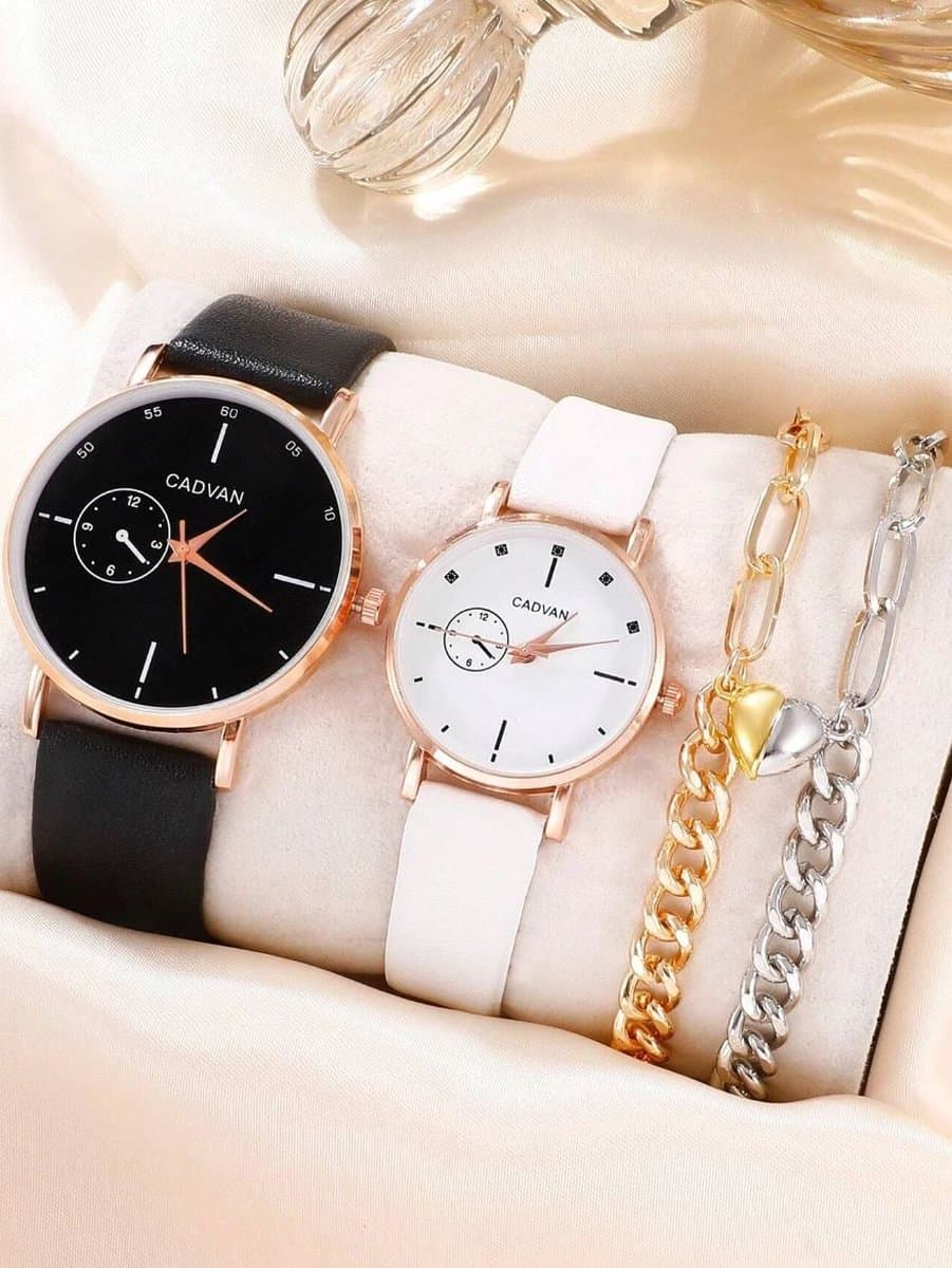 Herenhorloge + dameshorloge zwart - wit met 2 armbandjes