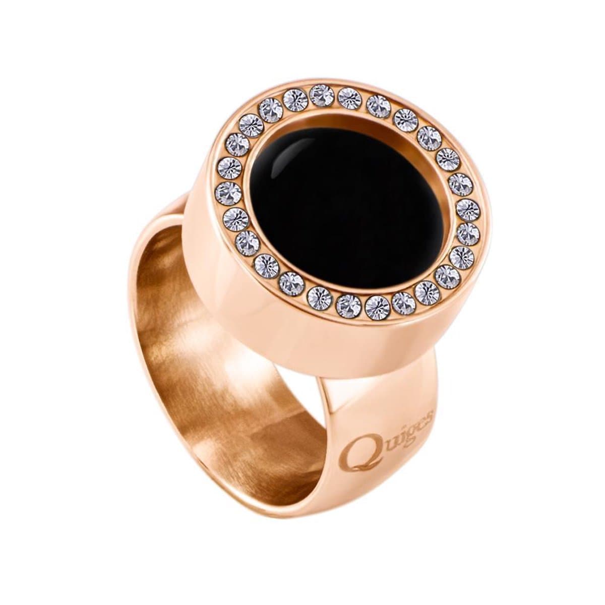 Quiges RVS Schroefsysteem Ring met Zirkonia Rosékleurig Glans 20mm met Verwisselbare Agaat Zwart 12mm Mini Munt