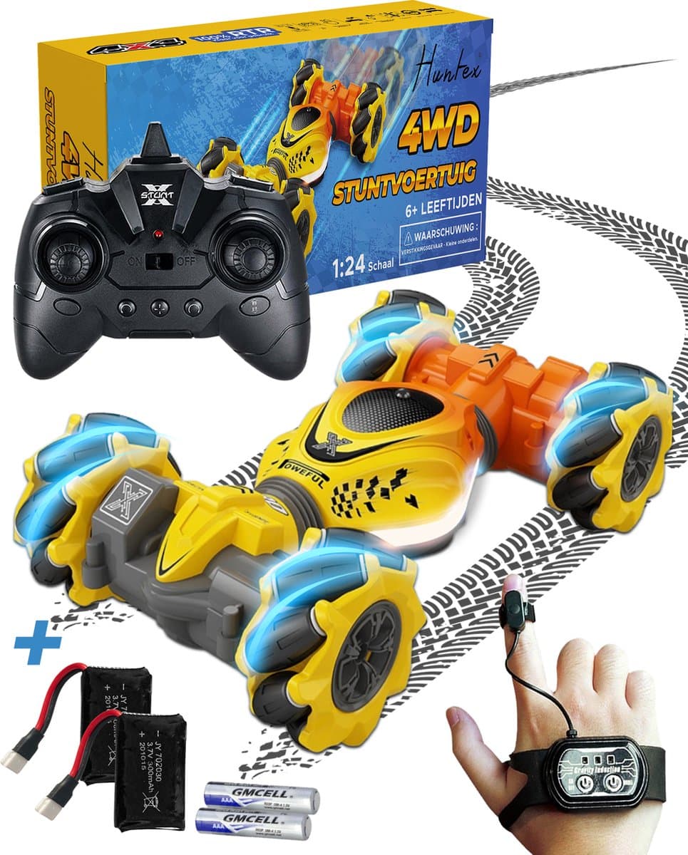 Huntex RC Stunt Car - Inclusief Extra Accu en batterijen - Radiografisch Bestuurbare Auto - Offroad - Transformerende Auto - Volwassenen en Kind - Geel/Oranje - 4wd Twist