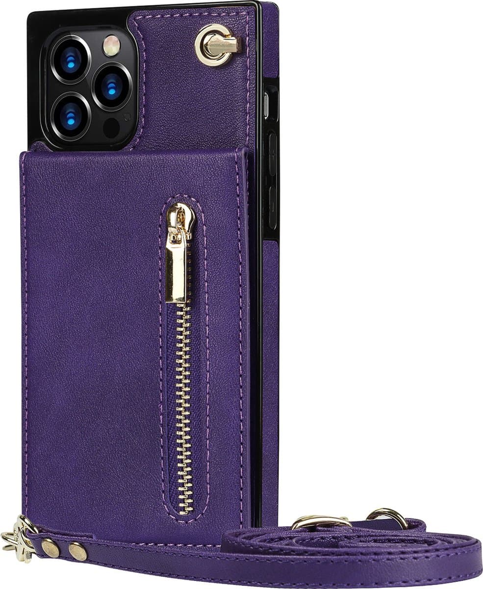 Hoesje geschikt voor iPhone 14 Pro - Backcover - Pasjeshouder - Portemonnee - Koord - Kunstleer - Paars