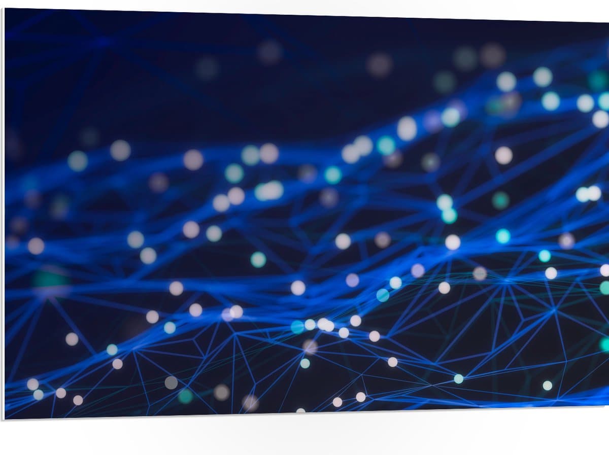 PVC Schuimplaat - Blauwe Neonlijnen met Stippen - 105x70 cm Foto op PVC Schuimplaat (Met Ophangsysteem)