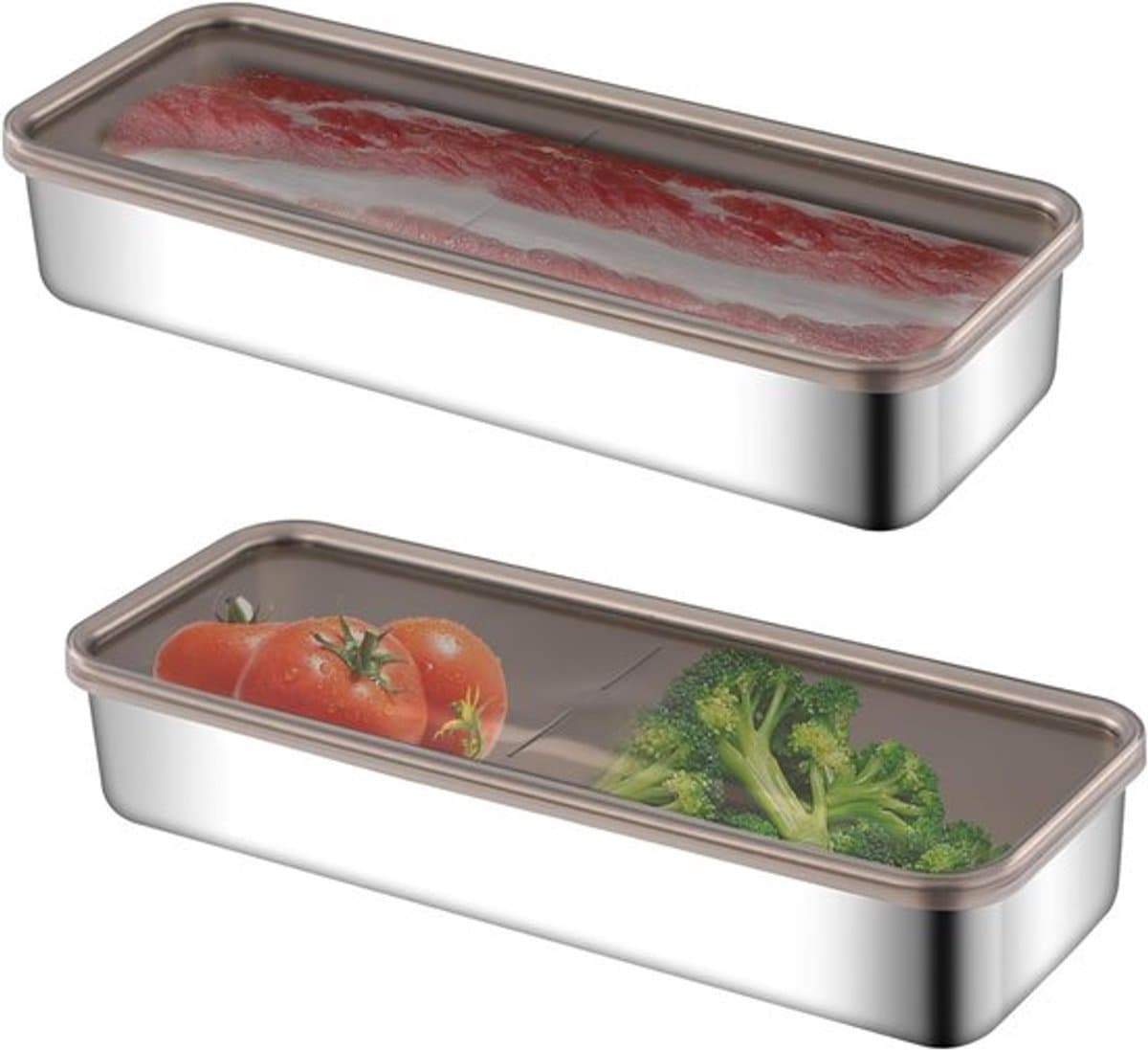 Set van 2 vers vleesdozen - roestvrijstalen lunchbox - luchtdichte voedselopbergdozen - koelkast vleesdoos - 26,5 cm x 10 cm x 5 cm - herbruikbare opbergdoosset - scherperdoos - gemakkelijk schoon te maken - broodtrommel - Opbergdoos Koelkast Crisper