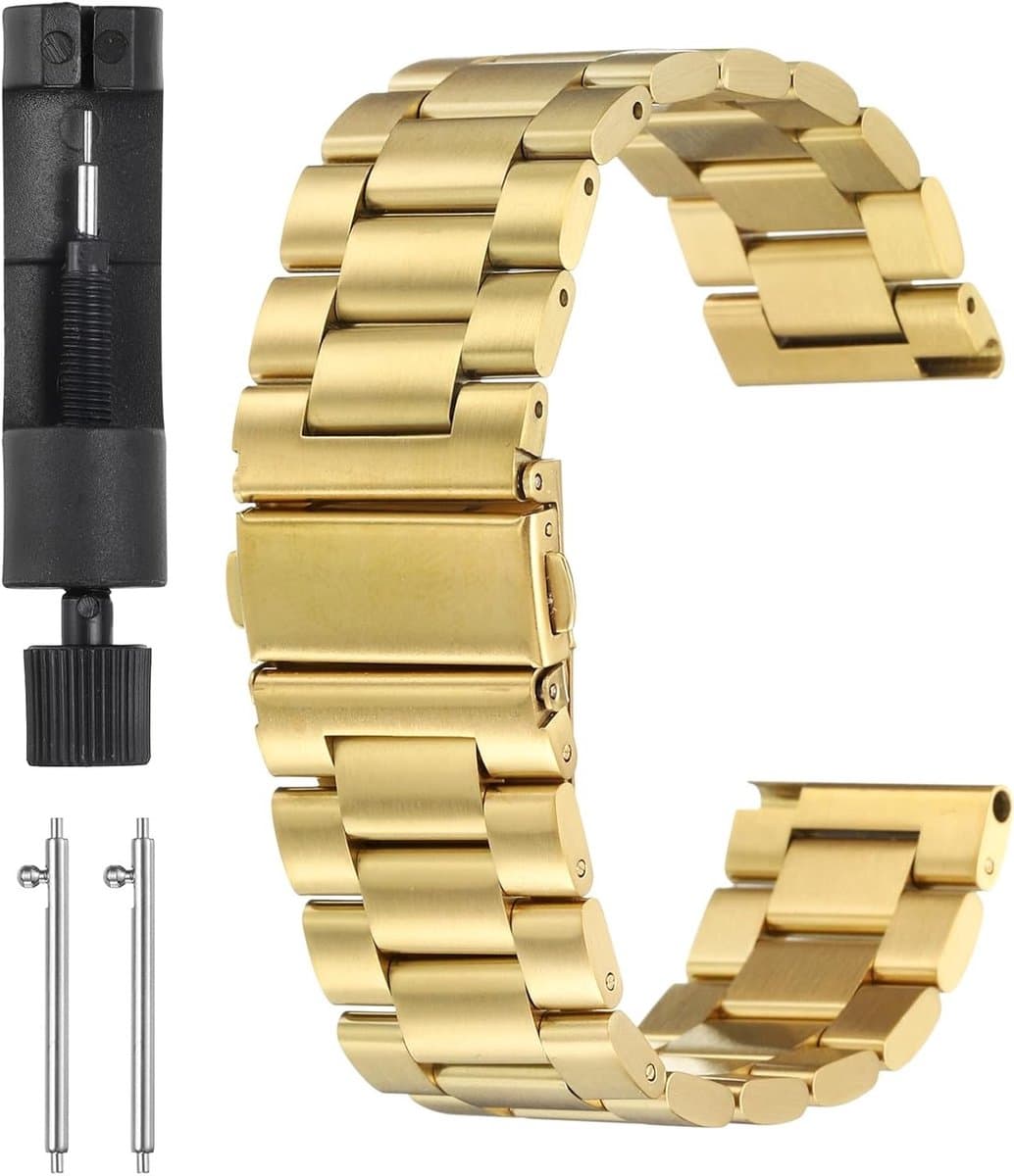 Stijlvolle RVS Horlogeband 22mm met Vlinder Sluiting en Snelle Bevestiging voor Smartwatch - Gouden Metaal Coating, Duurzaam en Comfortabel