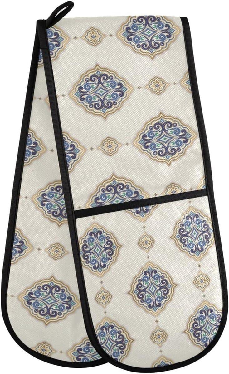 Dubbele ovenwanten - Hittebestendige handschoenen - Veilig koken - Extra lange bescherming - 35 x 7 inch - Blauw goud patroon