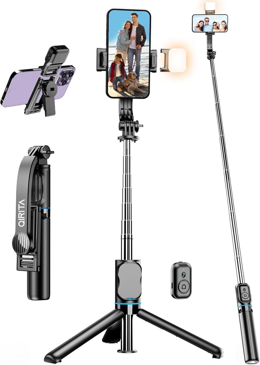 Selfie Stick - Telefoon Statief - Vloggen en Streamen - Met Ringlamp - 107 cm Uitschuifbaar - Zwart