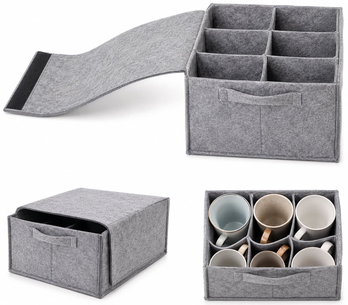 FSW-Products Vilt Servies Organizer 6 Vaks – Opvouwbare Opbergtas voor Kopjes, Mokken en Glazen – Beschermhoes met Deksel – Grijs