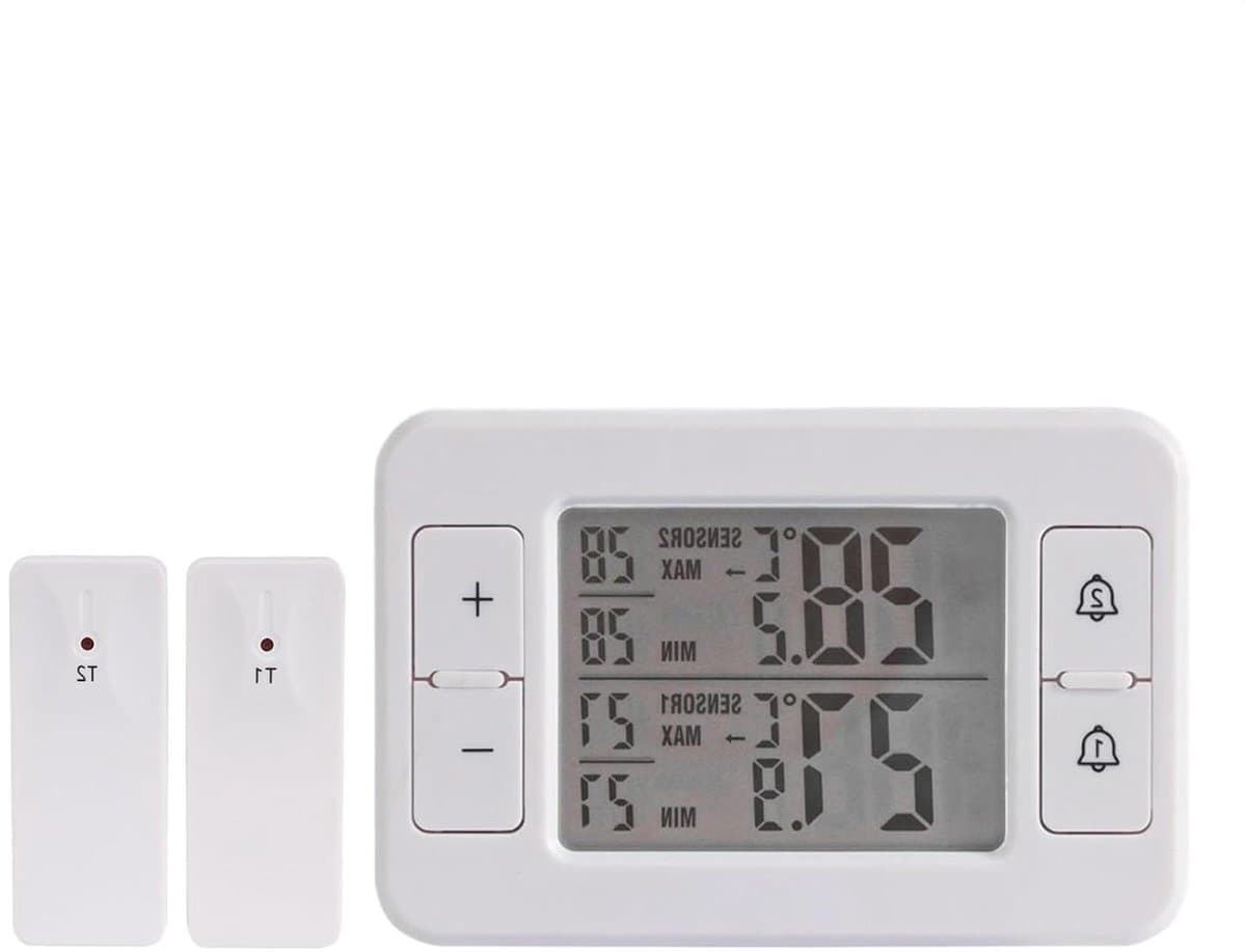 Temperatuurmeetinstrument Koelkast - Vriezer Monitor - Voedsel Veiligheid - Dubbele Sensor Alarm - 100 Meter Bereik - Wit