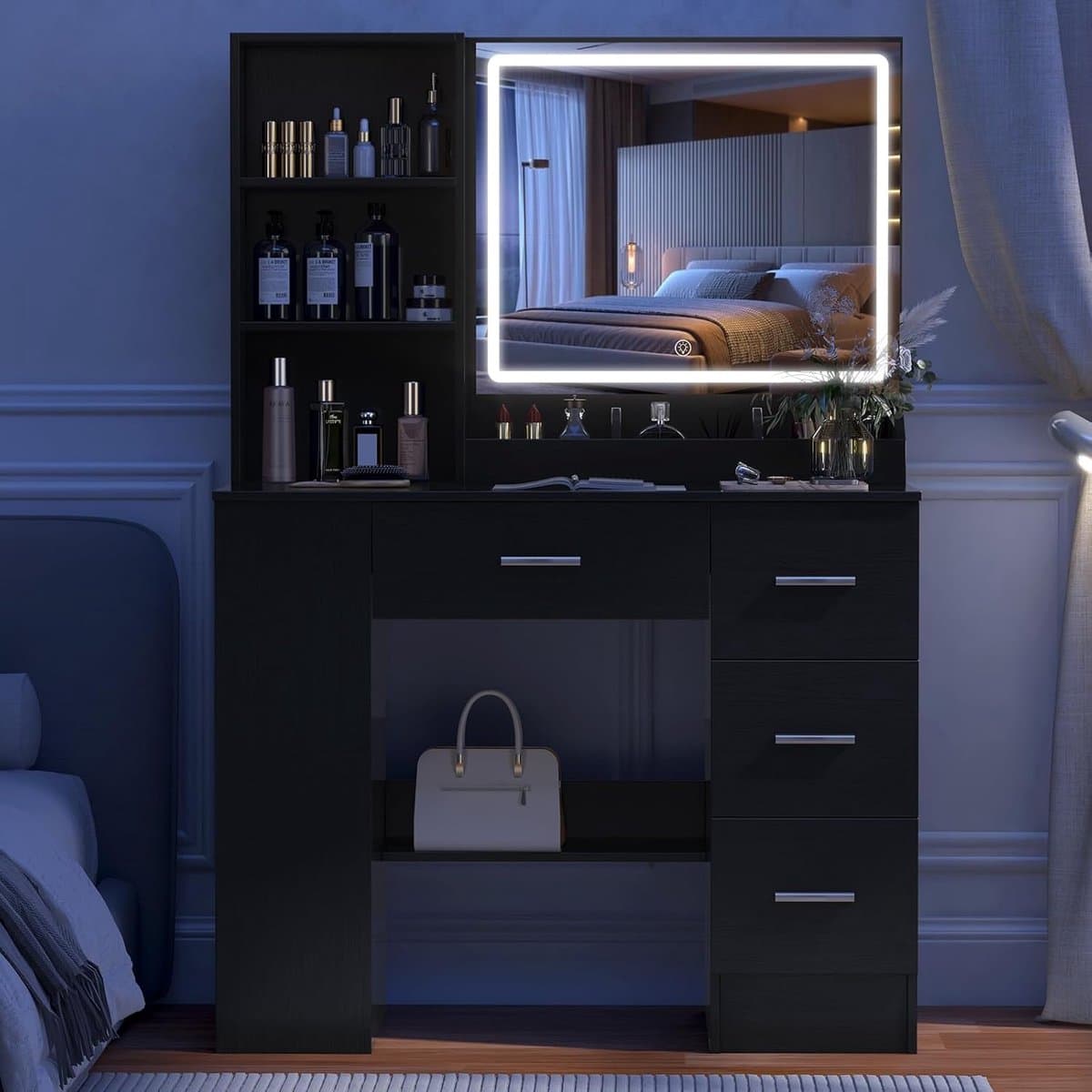Luxe LED Make-up Kaptafel met Spiegel en Verlichting, Zwart met 4 Lades en Opbergruimte 90 cm – Modern Schminktafel met Side Cabinet en Nachtkast Functie 40x90x132 cm