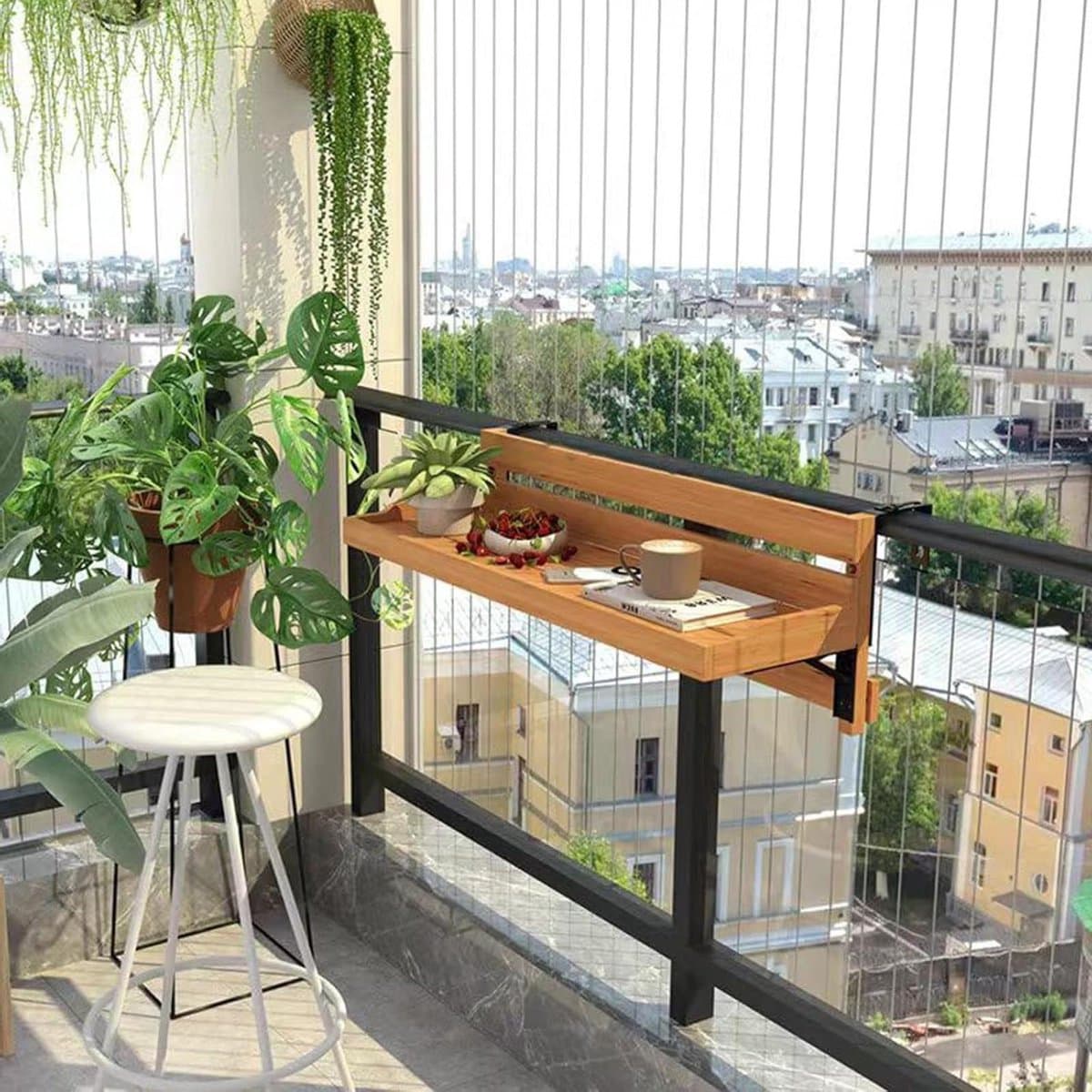 Hangende Balkontafel - Balkontafel Leuning Tafel - Ruimte Optimaliseren - Verstelbare Haken - 60x30x30cm - Hout