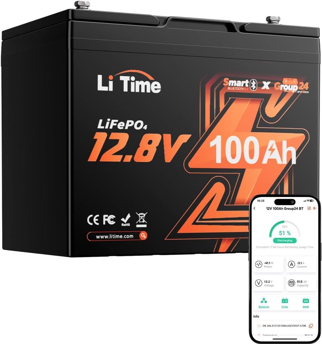 Lithium Batterij - LifePO4 Energie - Energie Opslag - Bluetooth Monitoring - 12V 100Ah - Zwart