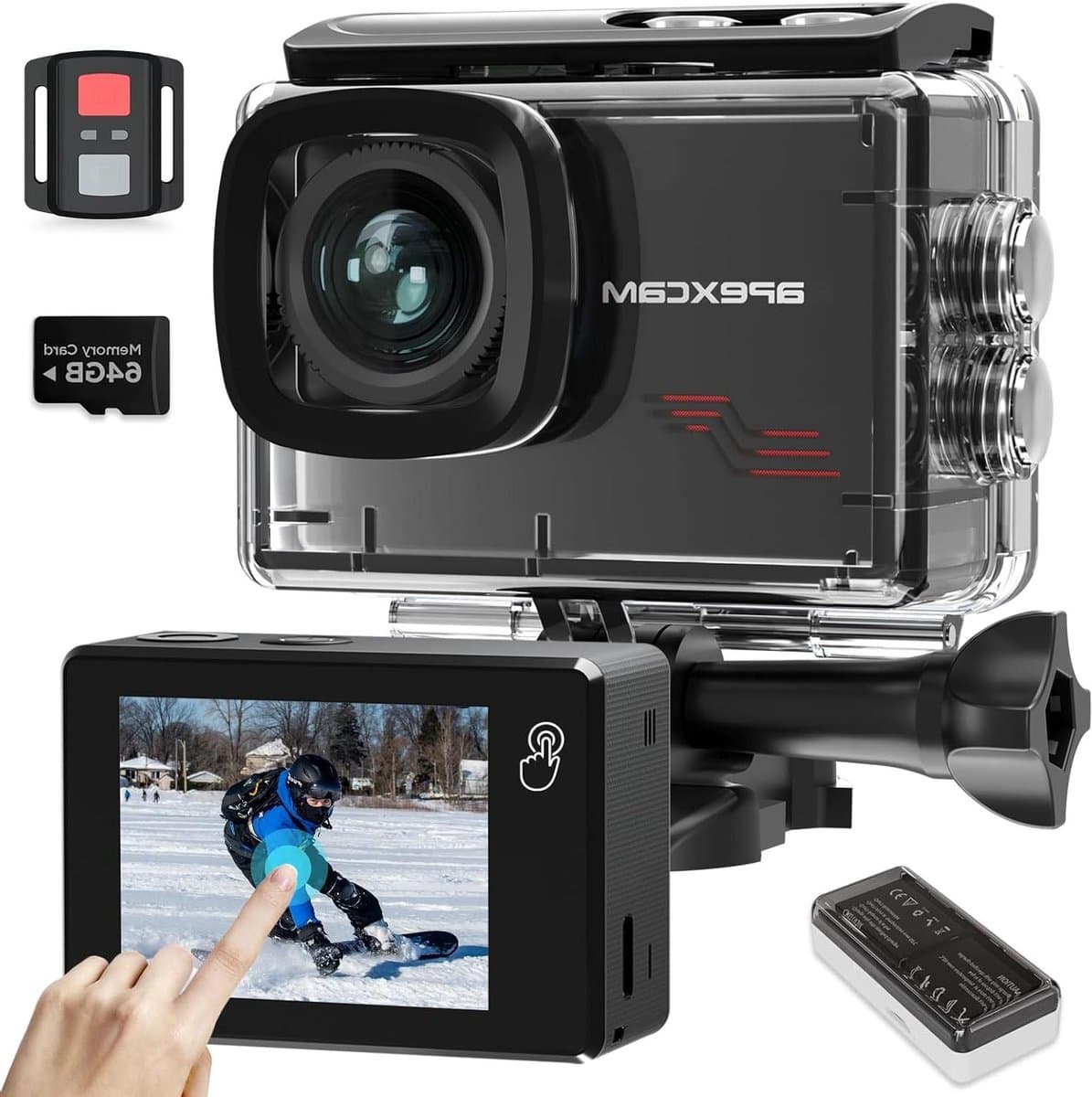 Sportcamera 4K - Actiecamera Onderwater - Avonturen Vastleggen - Touchscreen Bediening - 64GB Kaart - Zwart