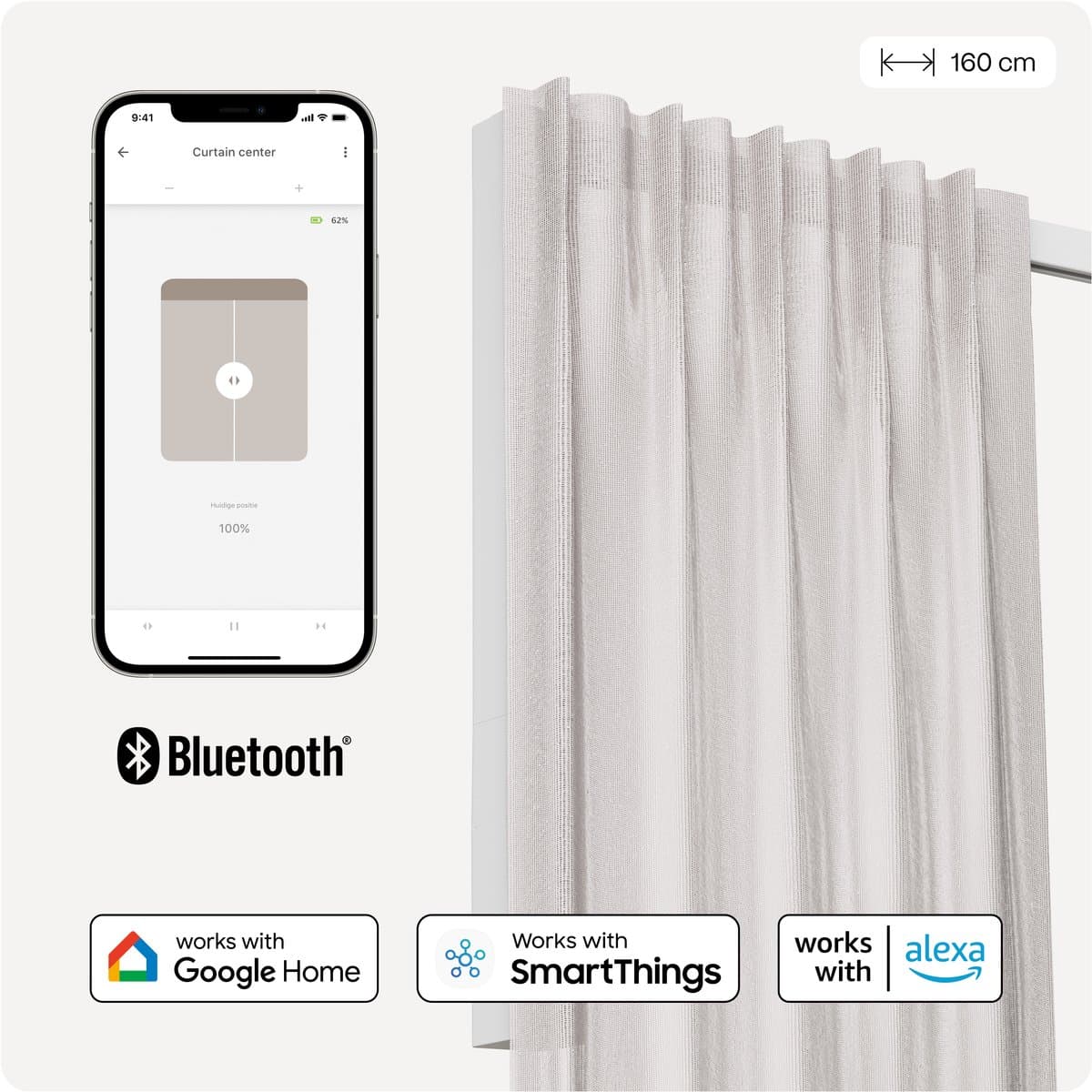 Motionblinds Slimme Gordijnrail – Smart Gordijn – Bluetooth, Draadloos & App-bediening Pull-Start Functie – USB-C Oplaadbaar – Pull-Start Functie – 160 cm