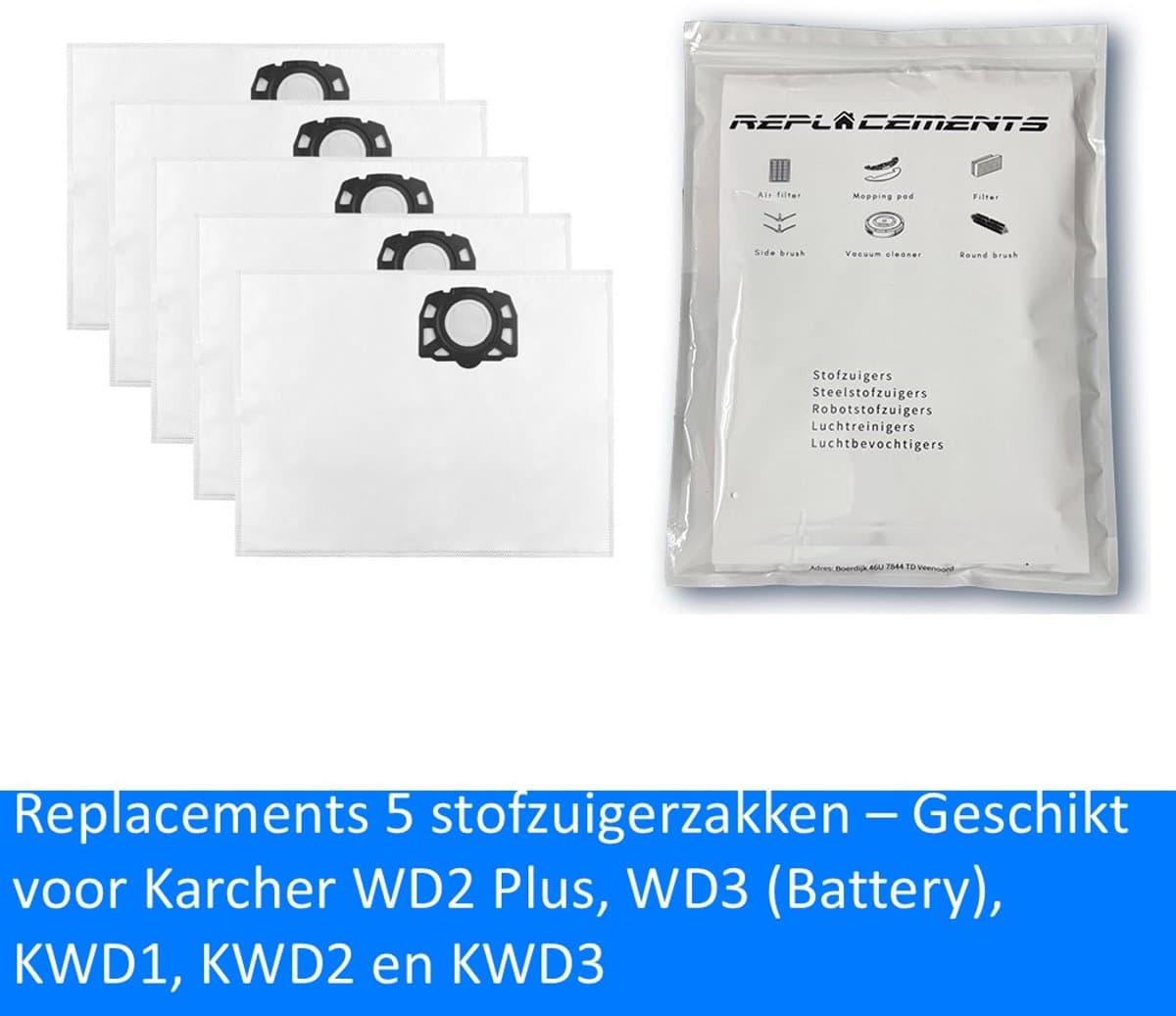 Replacements® 5x Stofzuigerzakken geschikt voor Karcher WD2 Plus, WD3 (Battery), KWD1, KWD2, KWD3, WD3.200 - WD3.800 M