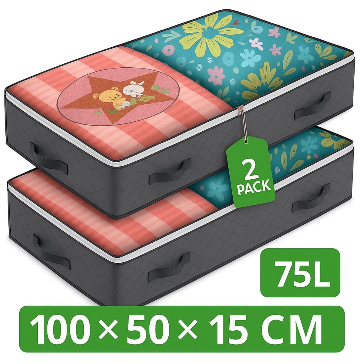 MeubelsvanJoep 2 stuks grote opbergdozen 75 liter, opbergdoos met deksel, versterkte handgreep, kleding, opbergtas, kledingdoos, verhuisdozen voor kleding, jurken, beddengoed, grijs