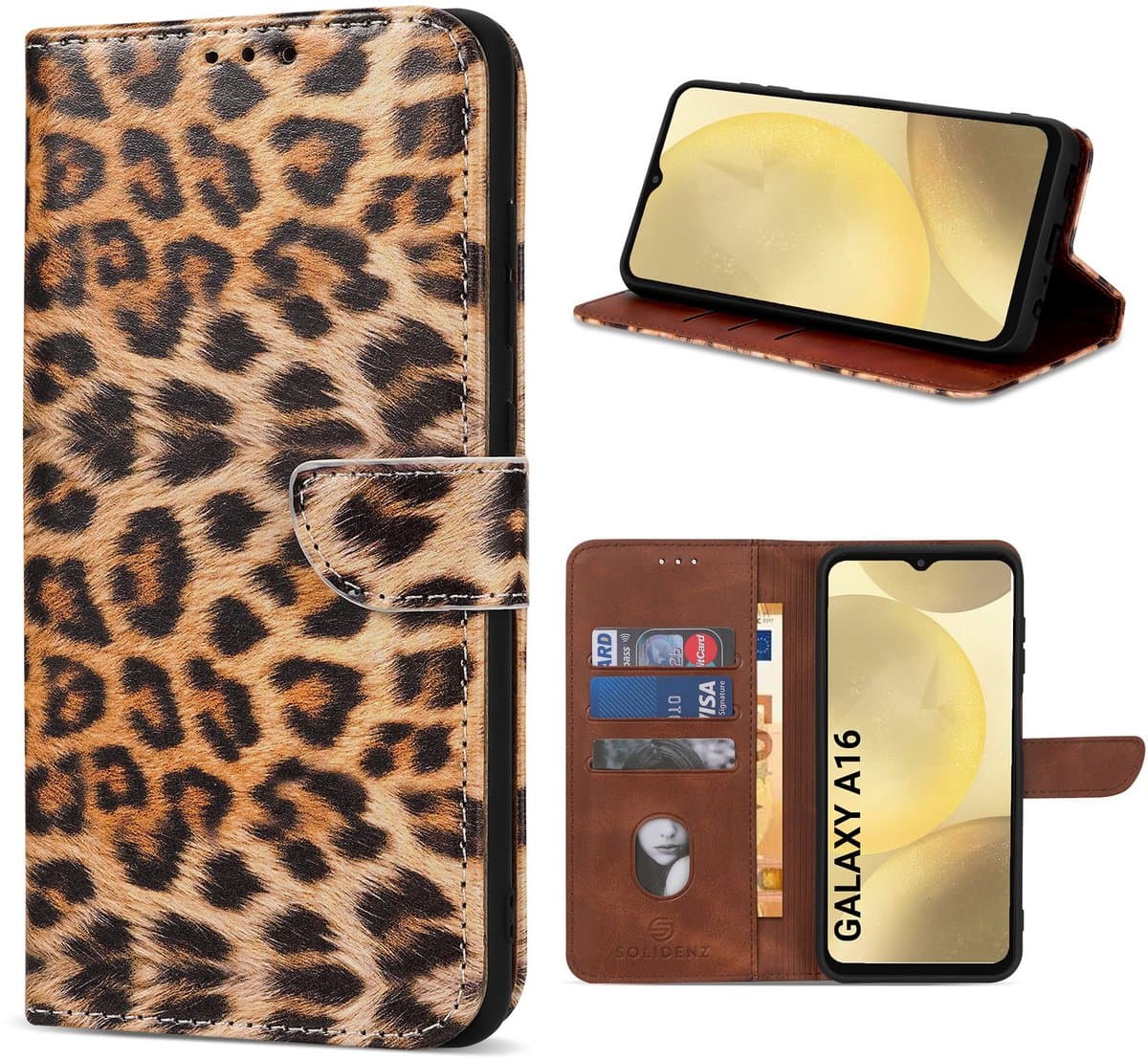 Solidenz Bookcase geschikt voor Samsung Galaxy A16 hoesje - A16 Telefoonhoesje met Pasjeshouder - Luipaard hoesje A16 - Panter