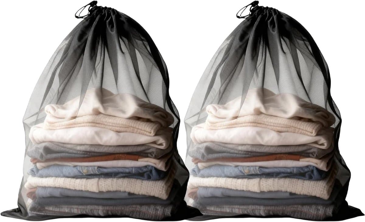 Washing Machine Net - 2 x Herbruikbare Fijne Mesh Waszak - 70 x 90 cm - Met Trekkoord - Duurzaam Wasnet voor Ondergoed - Blouses en Bh's - Zwart