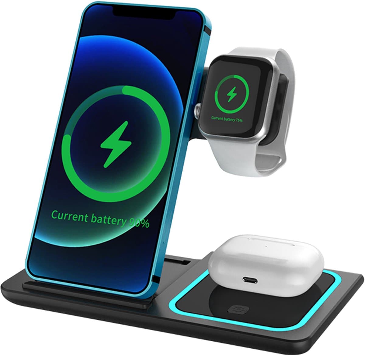 Evy24 3-in-1 Draadloze Oplader 15W – Qi Wireless Charging Station voor Smartphone, Smartwatch & Earbuds – Snellader – Zwart