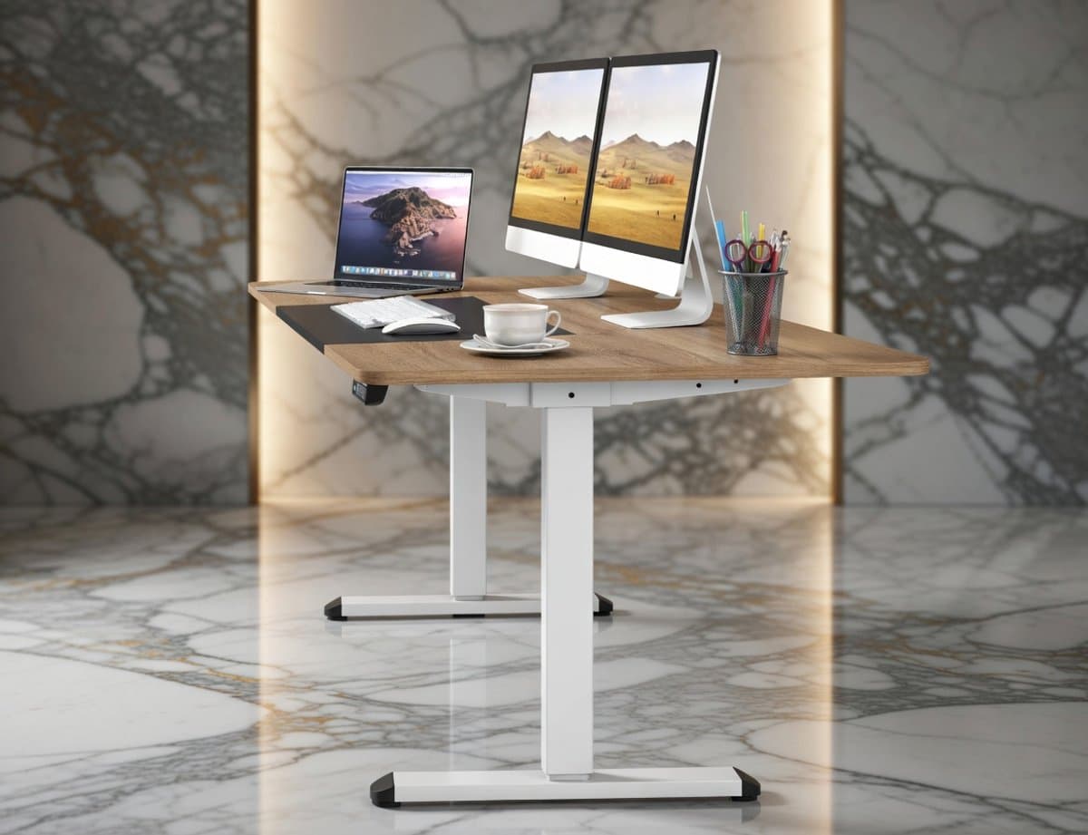 Premium Elektrisch Sta-Zit Bureau – In Hoogte Verstelbaar 72-116 cm – 140x70 cm – Ergonomisch Thuiswerk & Kantoor Bureau met Kabelbeheer en Geheugenfunctie – Modern Beige House&Garden