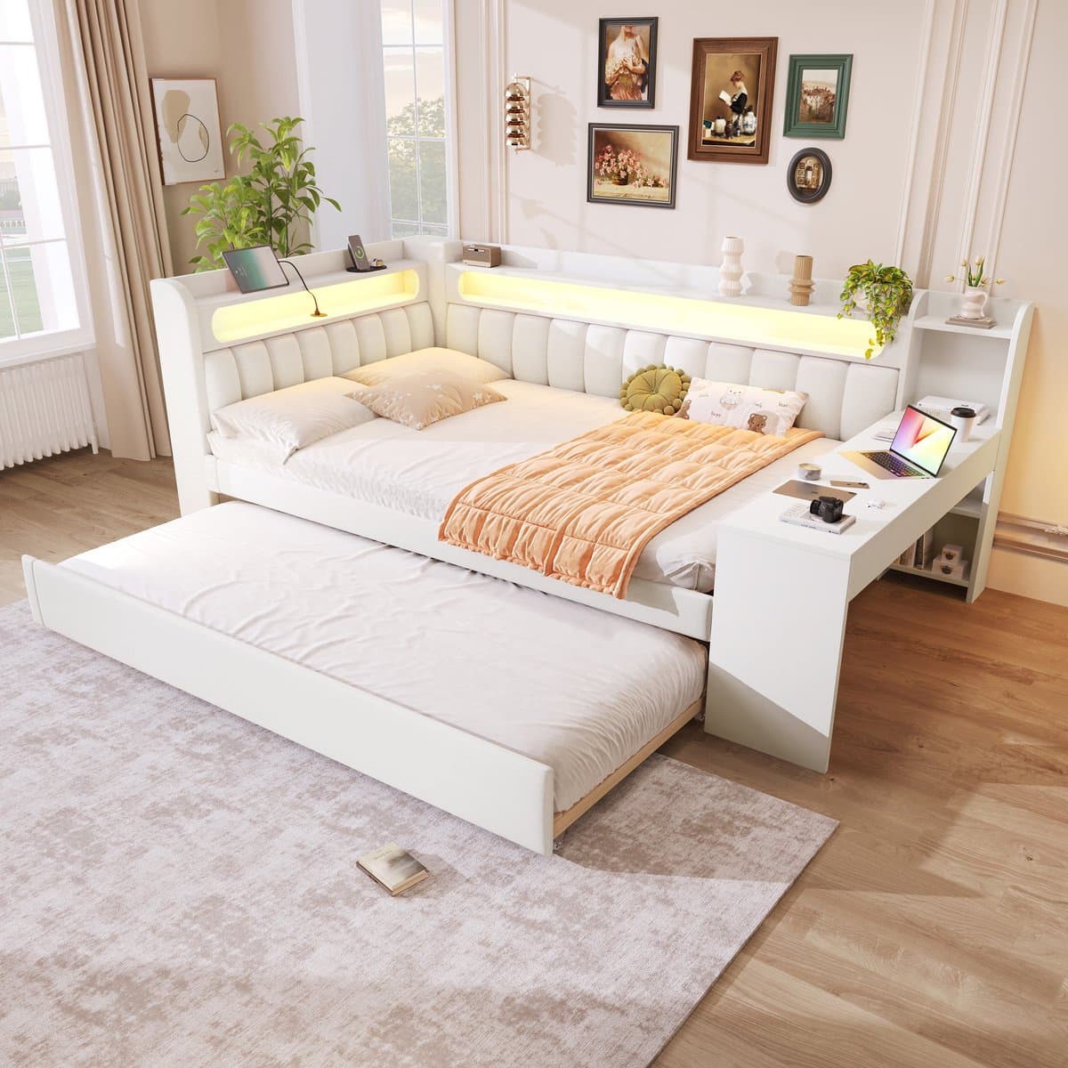 REDOM Dagbed – Met uitschuifbed & bureau – LED-verlichting & USB – Modern – MDF & stof – Wit – 140x200 cm