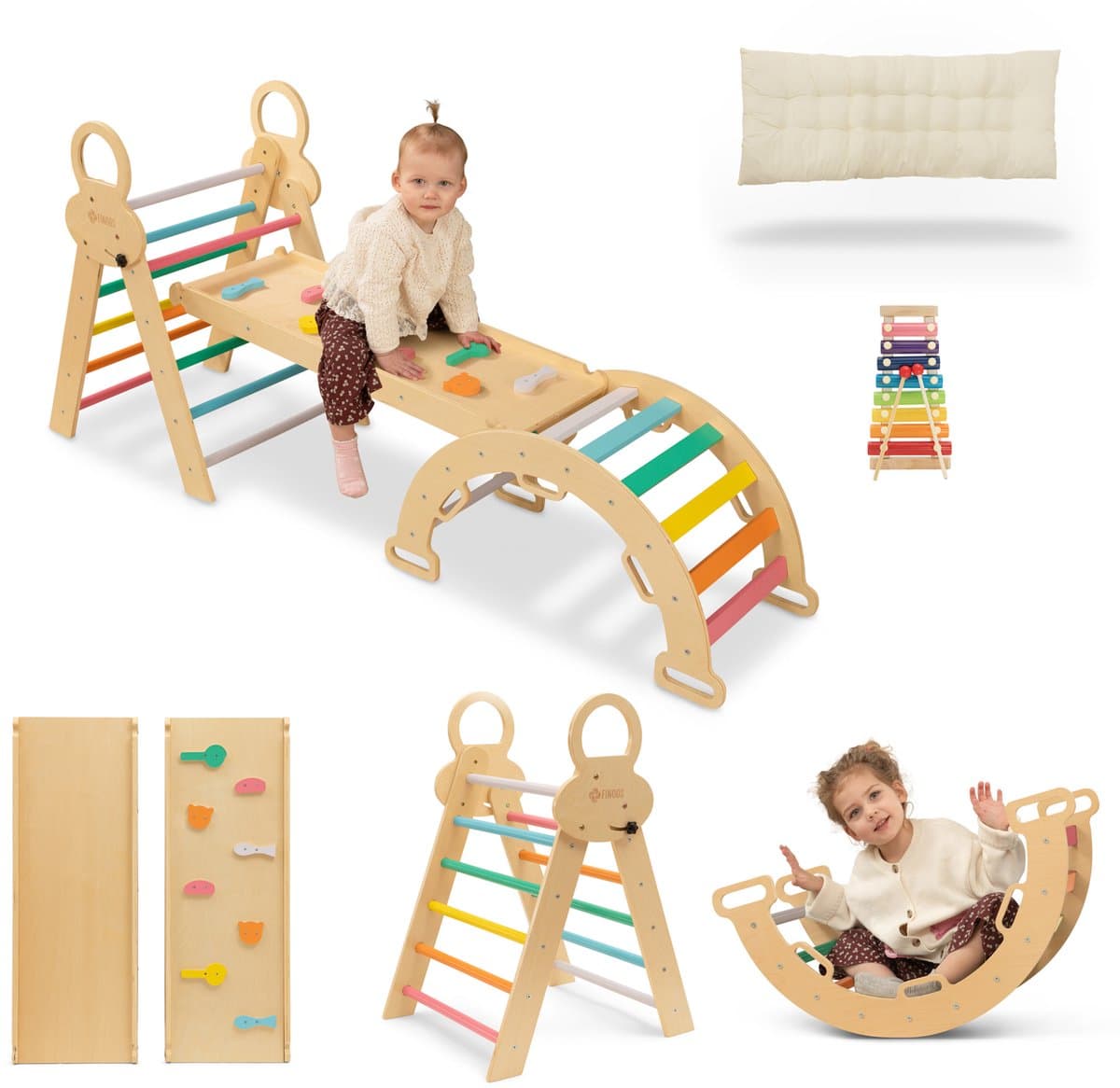 FINOOS Klimrek - Klimdriehoek - Klimboog - Glijbaan - Montessori - Houten Speelgoed - incl. kussen en Xylofoon - Regenboog