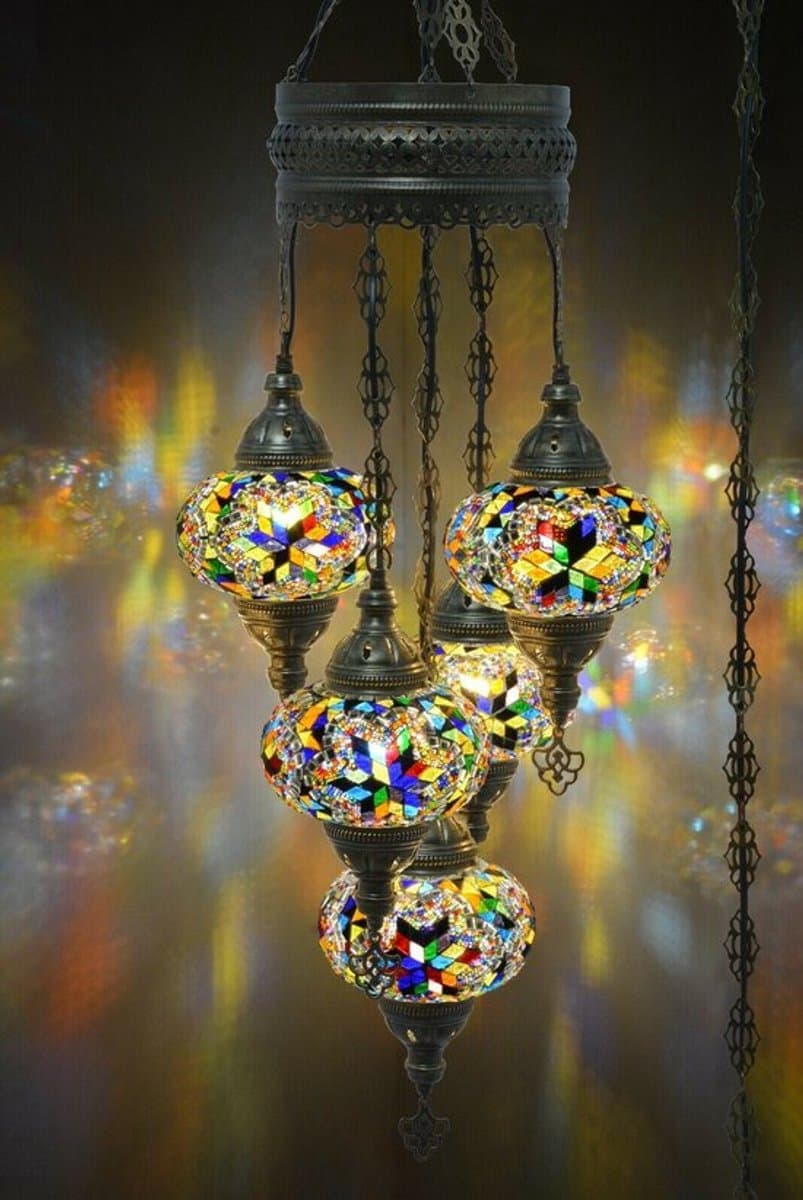 Turkse hanglamp mozaïek glas multicolour - 5 bollen - hoogte 110 cm - handgemaakt en uniek