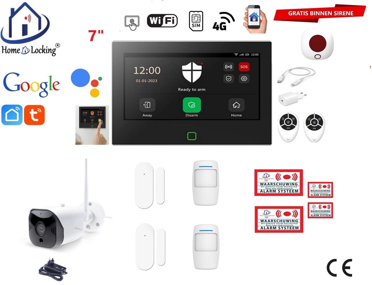 Draadloos / bedraad alarmsysteem met 7-inch touchscreen voor woning/camper/boot/caravan werkt met wifi en sim kaart en met spraakgestuurde apps. (Nederlands of Frans stem en tekst). ST01B-33