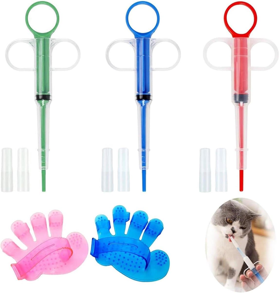 Pet Pill/Tablet Spuit Voor Kat en Hond - Medische Feeder - Herbruikbare Pil Dispenser - Veiligheid en Gemak - Inclusief Grooming Handschoen en Borstel