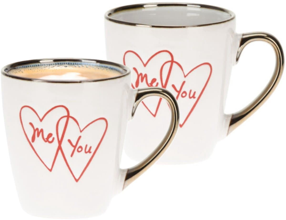 Siaki Koffiemok / theemok Me and You - 2x - wit/goud - 300 ml - mokken - aardewerk - valentijnsdag - tas - cadeaumok