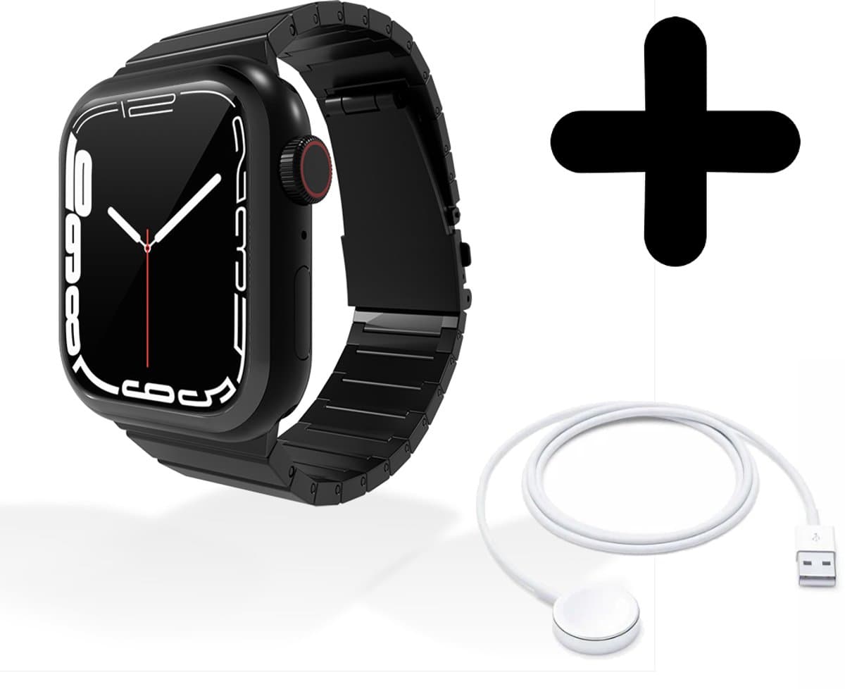 Bandje geschikt voor Geschikt voor Apple Watch bandje luxe titanium bandje (zwart) - Voor modellen: 38/40/41mm Incl. Oplader geschikt voor Geschikt voor Apple Watch 1/2/3/4/5/6/7/8/9/Ultra - Oplaadkabel - Kabel