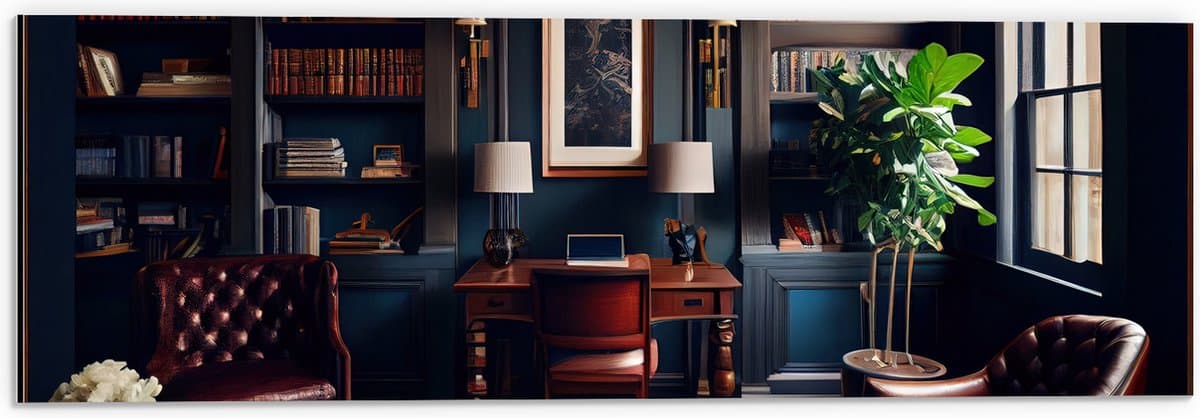 Dibond - Kamer - Bruin - Stoelen - Plant - Boeken - Kantoortje - 60x20 cm Foto op Aluminium (Wanddecoratie van metaal)
