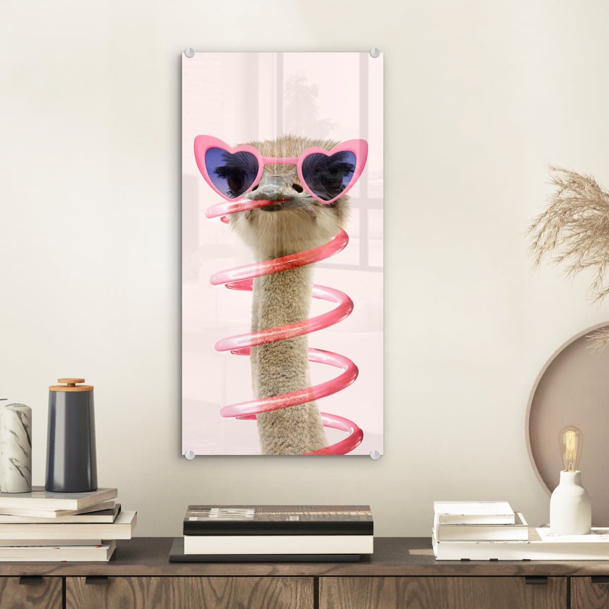 MuchoWow® Glasschilderij 20x40 cm - Schilderij acrylglas - Struisvogel - Zonnebril - Roze - Dieren - Foto op glas - Schilderijen