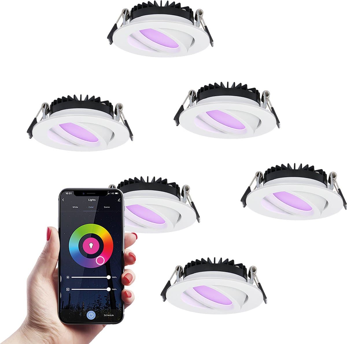 6x Hoftronic Smart - Rome smart inbouwspot - LED - Zaagmaat 75mm - Wit - Besturing via app - WiFi - Bluetooth - Dimbaar - Kantelbaar - 6 Watt - 480 lumen - 230V - 2700-6000K - RGBWW - Plafondspots - Inbouwspot badkamer en buiten - 5 jaar garantie